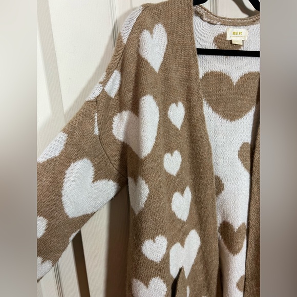 Maeve Anthropologie Heart Print Oversized Cardigan Tan Cream Open Front - Picture 3 of 5